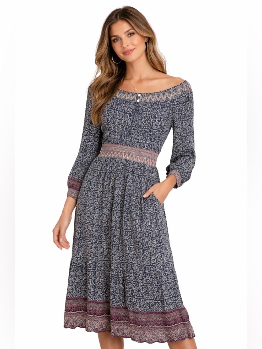 Alicia Bell Maxi Dress Womens Medium embroidered off shoulder Long Sleeve silk